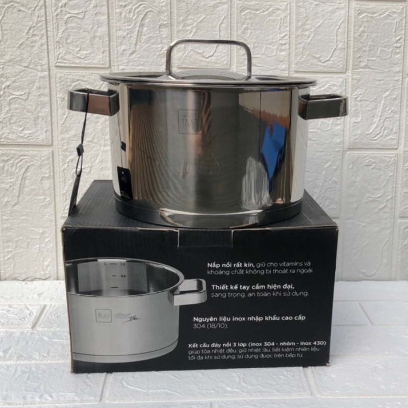 Nồi inox 304 3 đáy đun bếp từ Fivestar size 20cm - 24cm