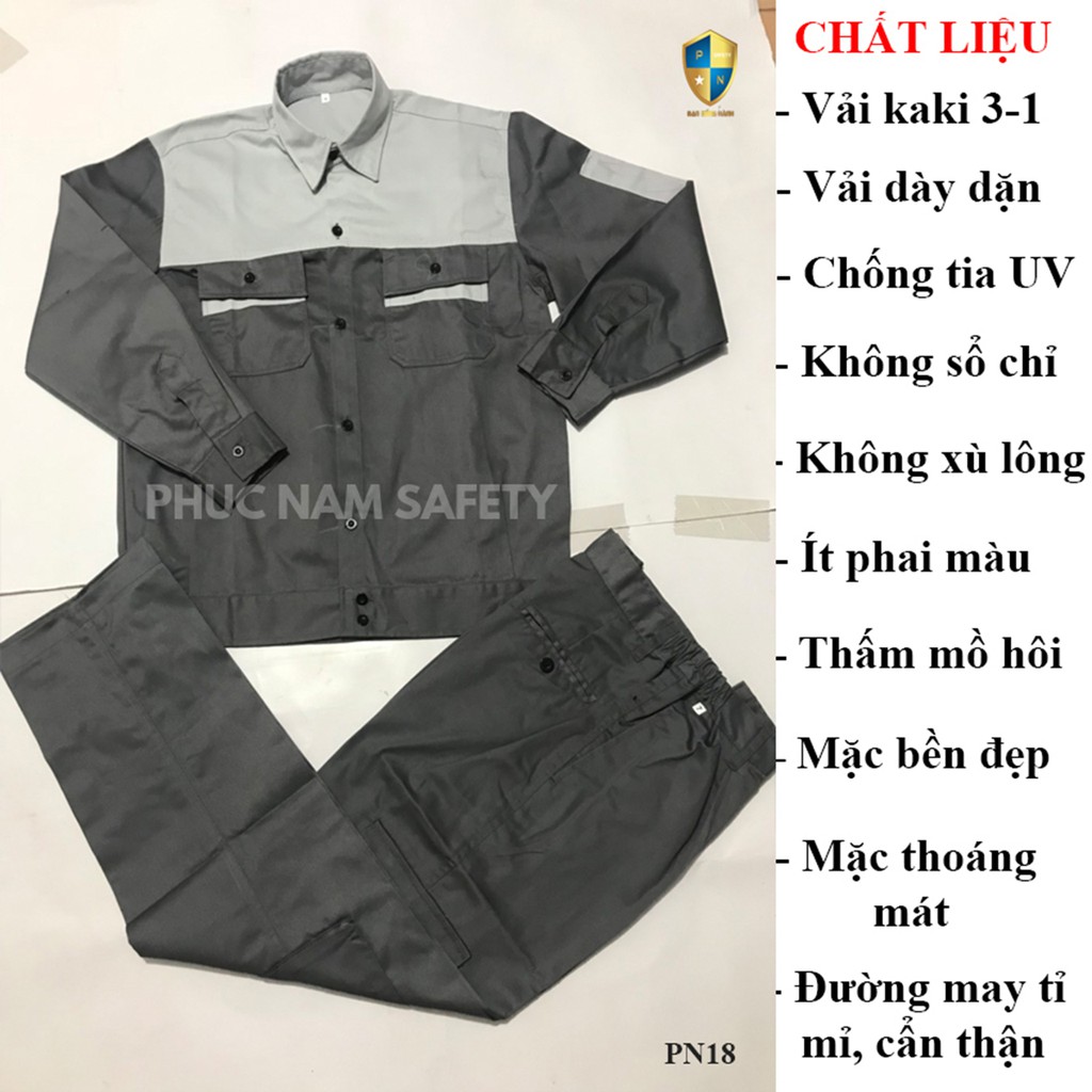 Bộ quần áo bảo hộ lao động màu chì phối ghi sáng - PN18, quần áo bảo hộ lao động, Bảo hộ lao động Phúc Nam