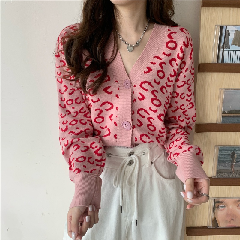 Áo Khoác Cardigan Dệt Kim Cổ Chữ V Hoạ Tiết Da Báo Thời Trang Mùa Đông