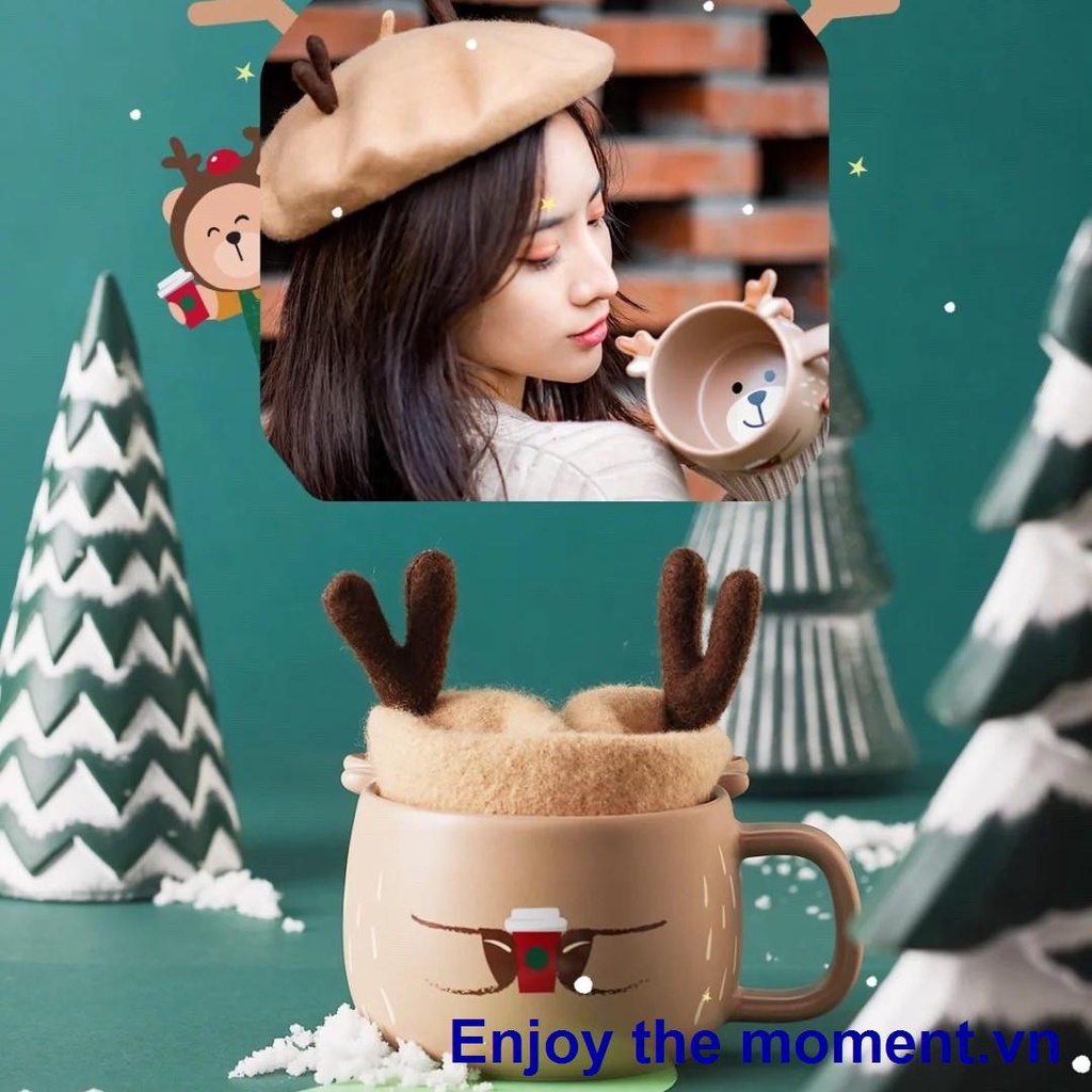 ▥■Starbucks coffee cup bear dressing up deer mug with hat cute girl heart office desktop ceramic water cup