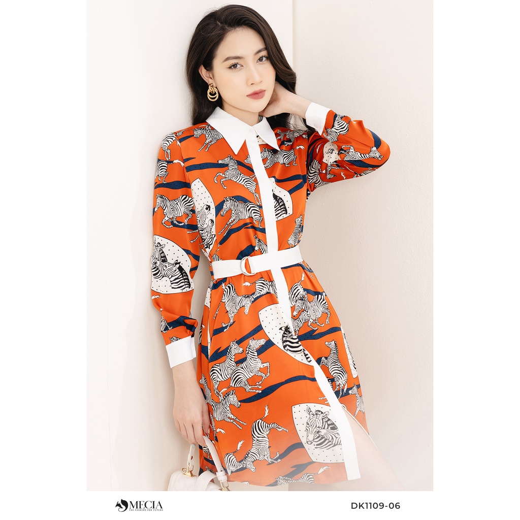 Sơ mi dáng dài công sở MECIA họa tiết zebra viền trắng kèm đai DK1109