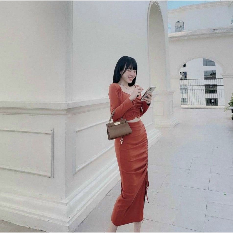 [HCM] Sét 3 Món Chân Váy Dài Dây Rút Kèm Áo Khoác Thời Trang Nữ Sam Closet Free Size 40-55kg