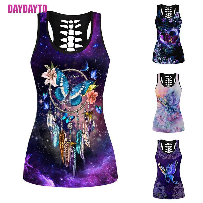 [DAYDAYTO] 3D Printed Butterfly Yoga Suit Women Sexy Psychedelic Hollow Tanktop Vest