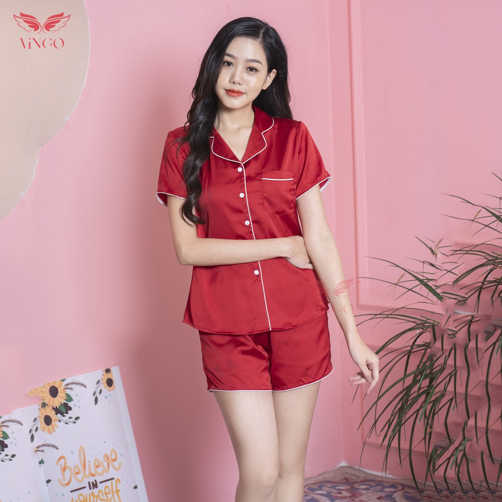 Bộ mặc nhà Pyjama nữ mùa hè VINGO Lụa Pháp trơn cao cấp tay cộc quần cộc phối viền trắng nhiều màu H153 VNGO - TCQC