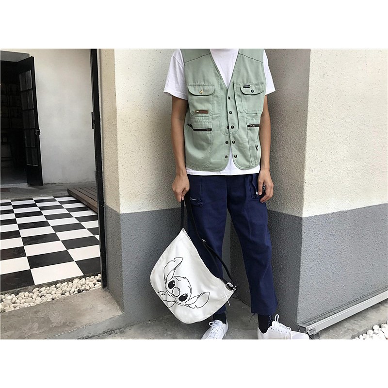 Túi tote đeo chéo unisex vải canvas trắng họa tiết chuột STITCH T27