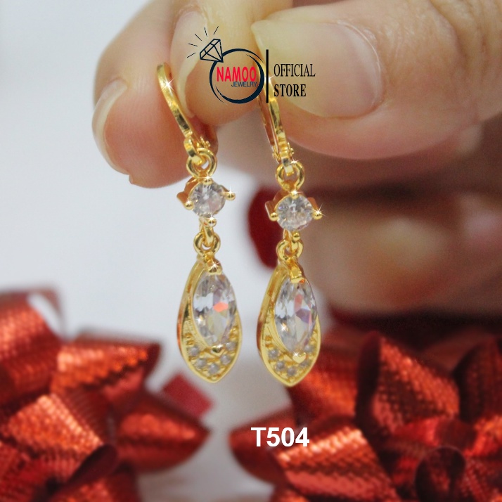 Bông Tai Nữ Dáng Dài Đá Xanh Ngọc T165 Bạc 925 Mạ Vàng Namoo Jewelry