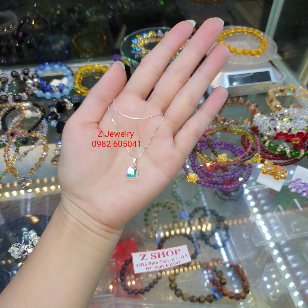 Mặt dây chuyền hạt vuông trắng pha lê nhân tạo lung linh