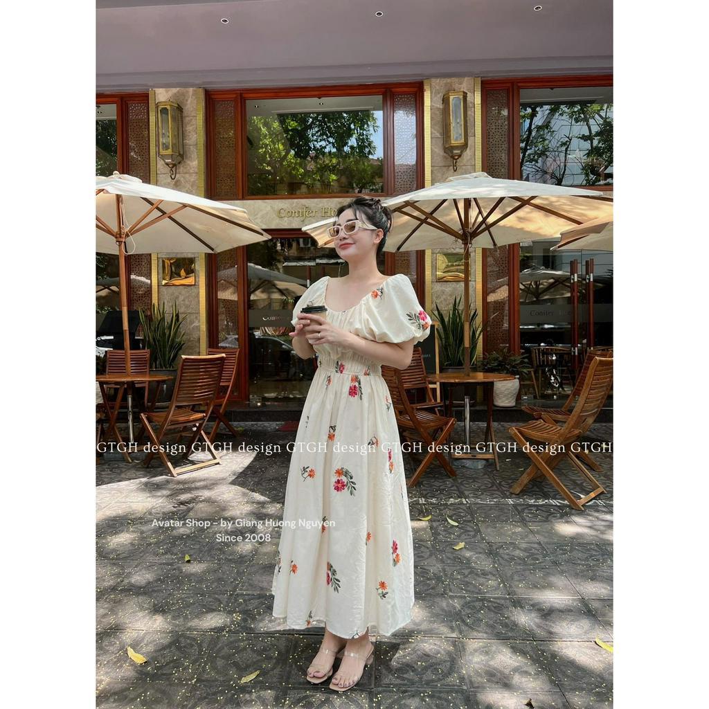 Siuu phẩm váy hoa thêu chun eo tay bồng dáng dài so hott Hàng QC