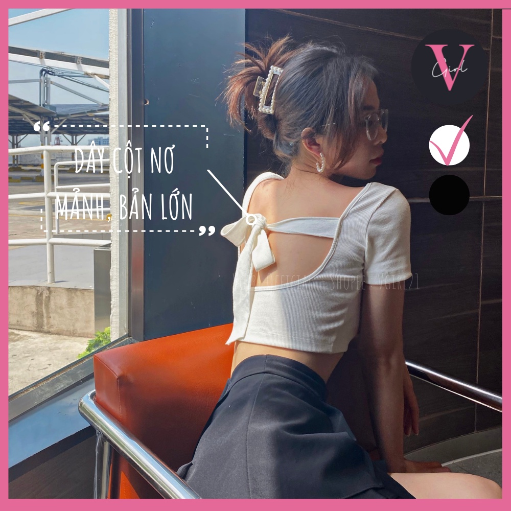 Áo croptop nữ VGIRL khoét lưng cột nơ, cổ chữ U [ẢNH ĐỘC QUYỀN]