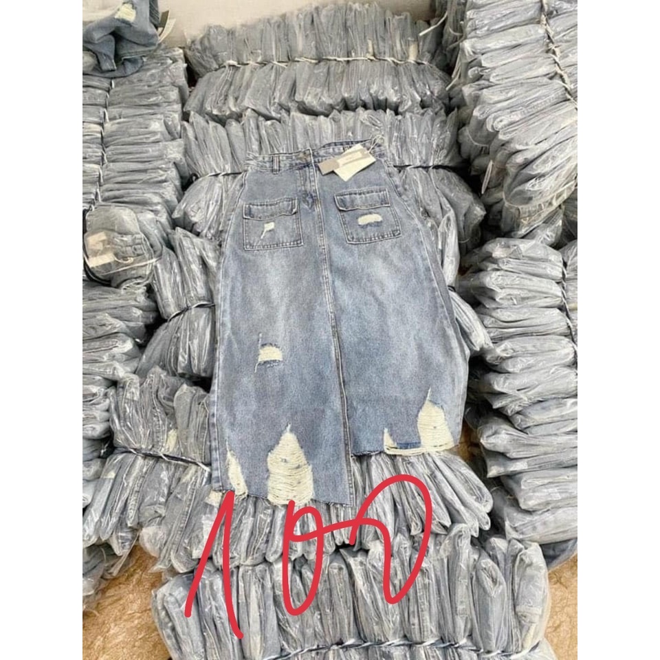 Chân váy bò nữ túi hộp, chân váy rách