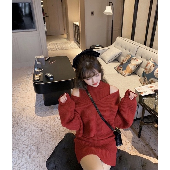 Set đầm body đỏ kèm áo khoác len siêu xinh cho bạn gái,váy nữ đi chơi đi làm diện chụp ảnh sieu xinh