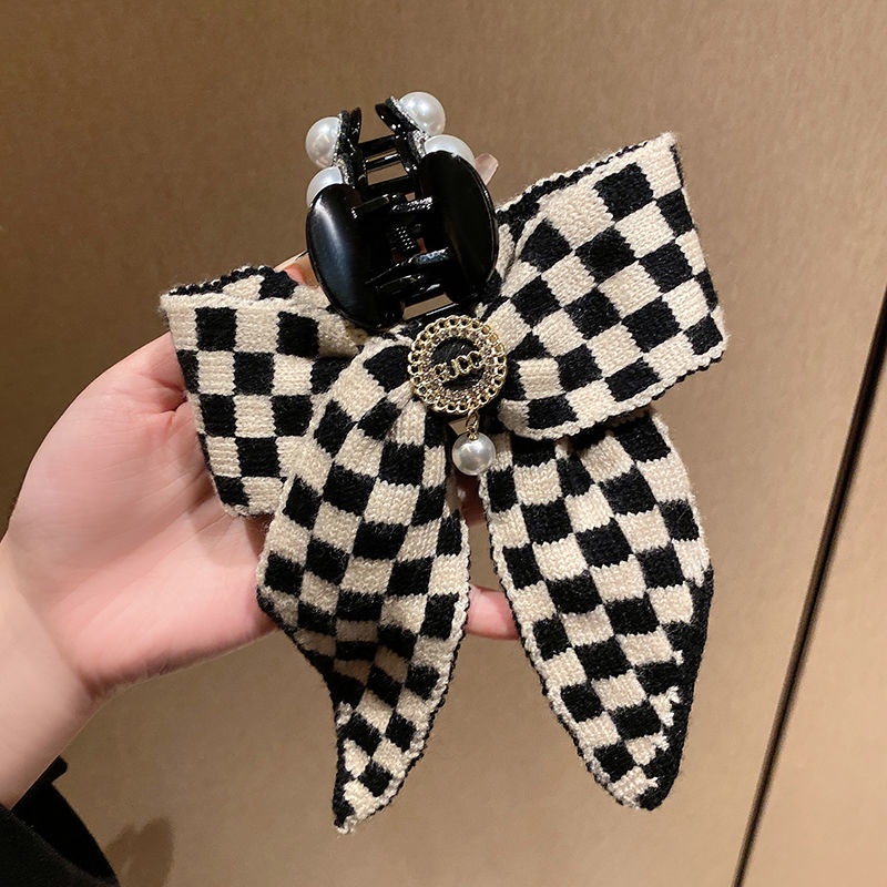 Kẹp Tóc Họa Tiết Ca Rô Đen Trắng Thời Trang Thu Đông Dành Cho Nữ