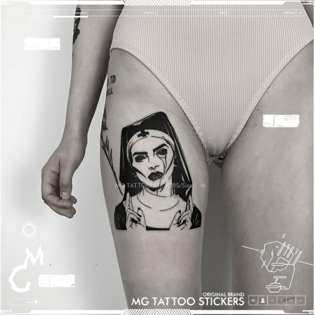 Spot saleMG tattoo European and American punk rock black and white alternative nun pattern flower arm tattoo stickers for men and women waterproof