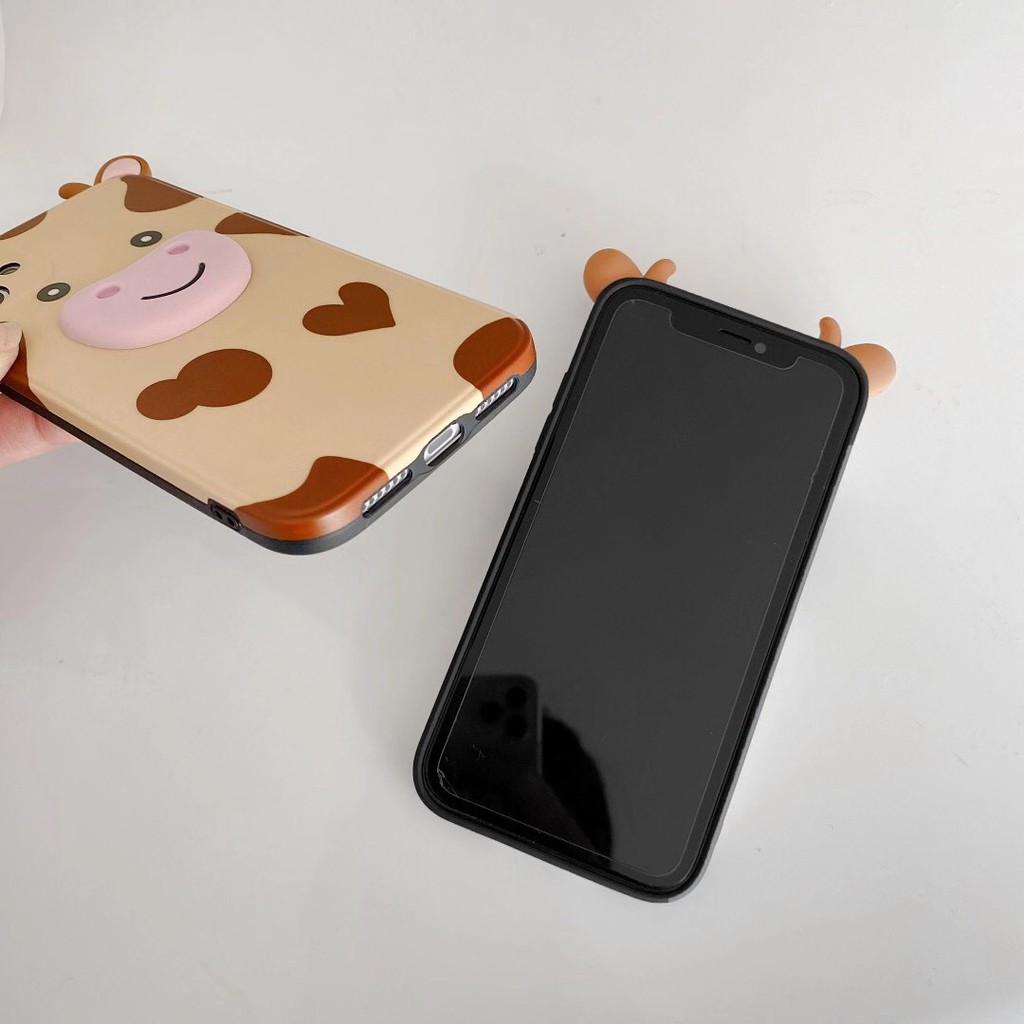 iPhone case Ốp lưng iPhone Hoạt hình Vỏ mềm Cute cow  TPU Bảo vệ ống kính hoạt hình Bốn mặt có kết cấu gợn sóng 3D dày cho iPhone 11 Pro Xs MAX XR I8 I7