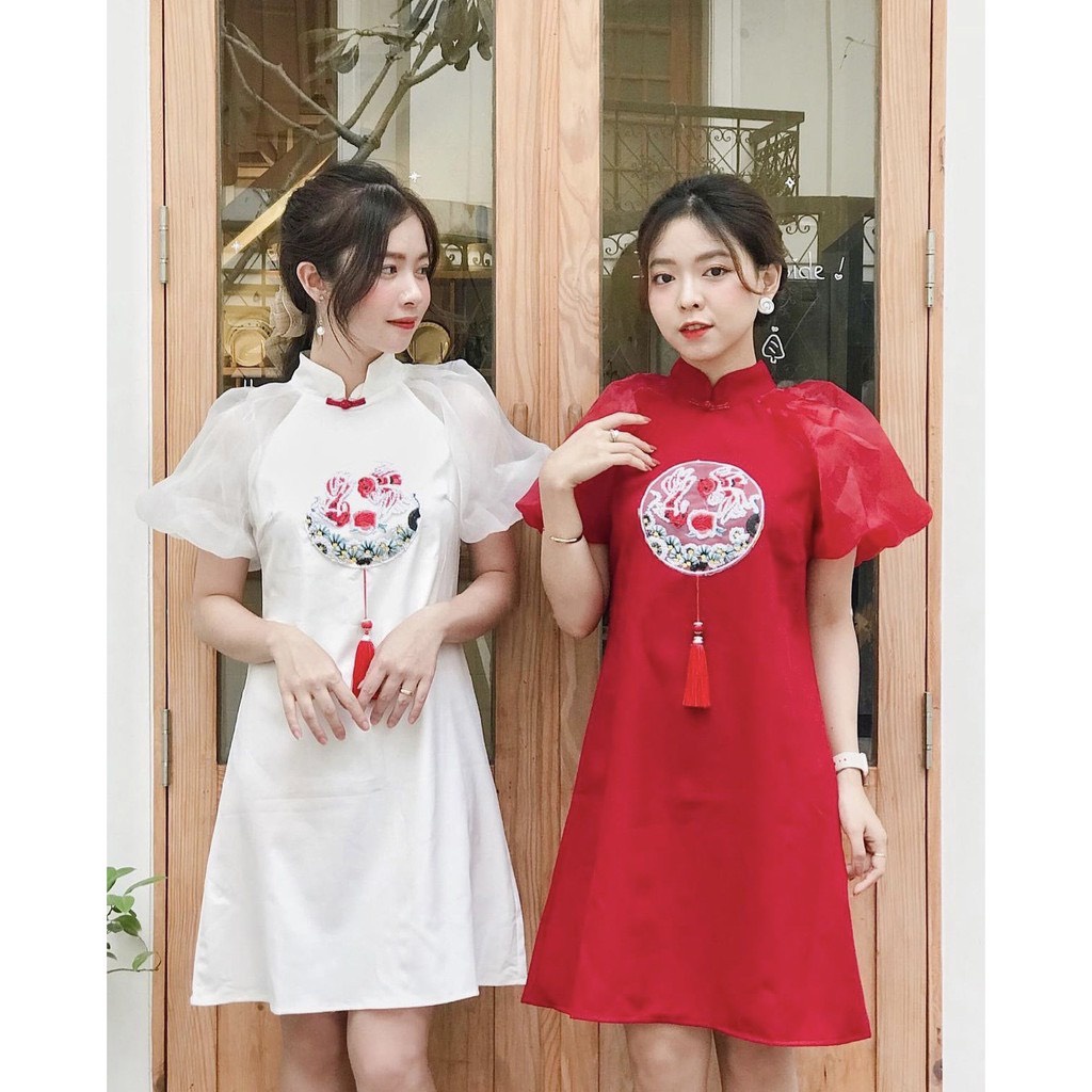 đầm tết sườn xám hoạ tiết thêu cá có 3 màu dễ thương trắng , đỏ , hồng [ cá 88]