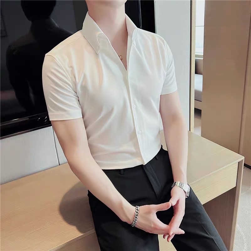 Áo Sơ Mi Nam Ngắn Tay Cổ Mới Cao Cấp ,Chất Lụa Hàn Mịn Không Nhăn, Xù.Co Giãn Nhẹ Form Body Ôm Dáng Phong Cách Lịch Lãm