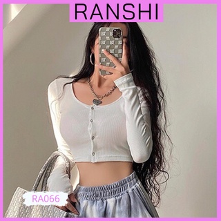 Áo croptop cúc bấm cổ vuông ranshi áo thun dài tay vải thun gân co giãn thoáng mát thời trang cho nữ - ra066
