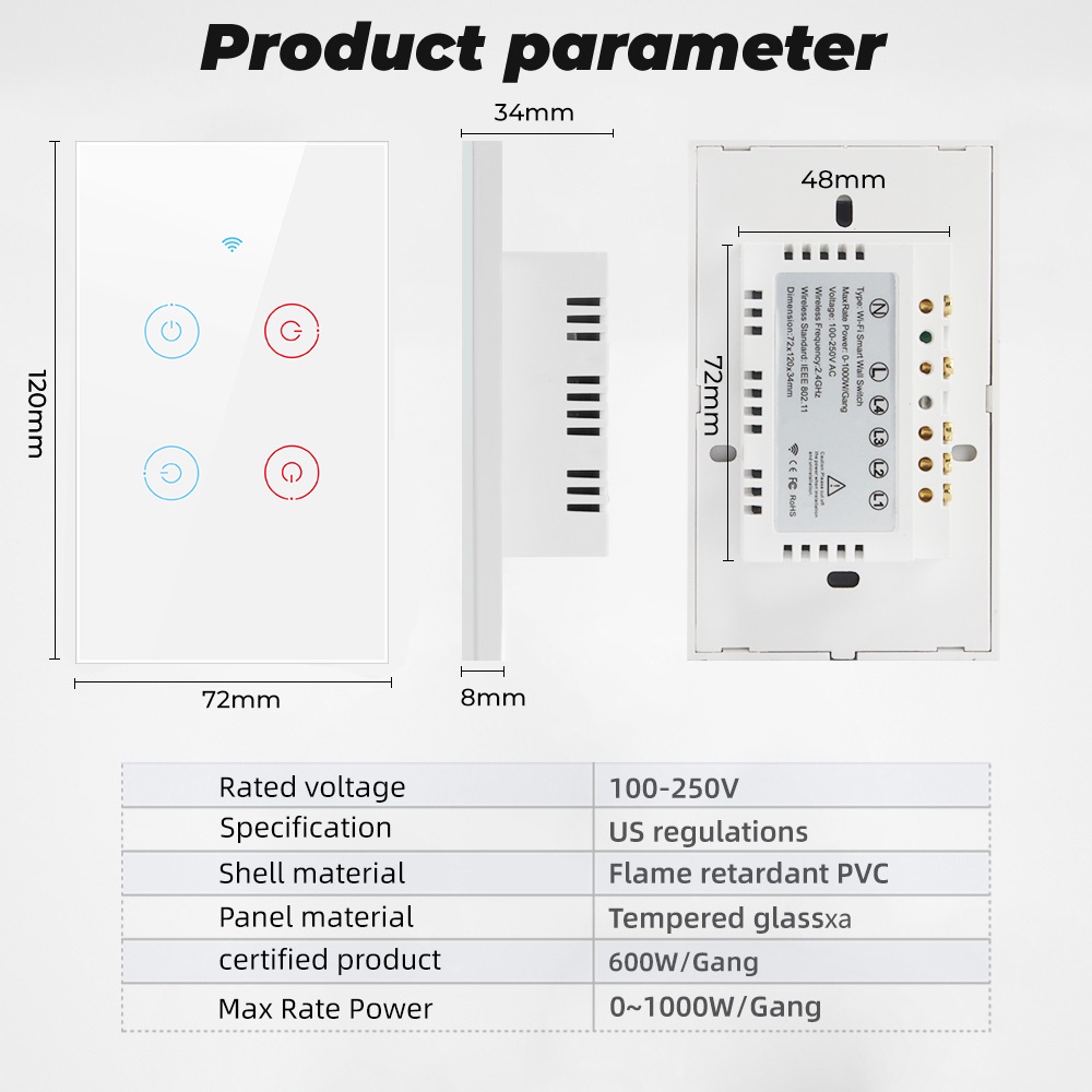 Công tắc cảm ứng thông minh SMATRUL wifi 1/ 2/ 3/ 4 Gang US 220V-240V 10A thích hợp cho Amazon Alexa