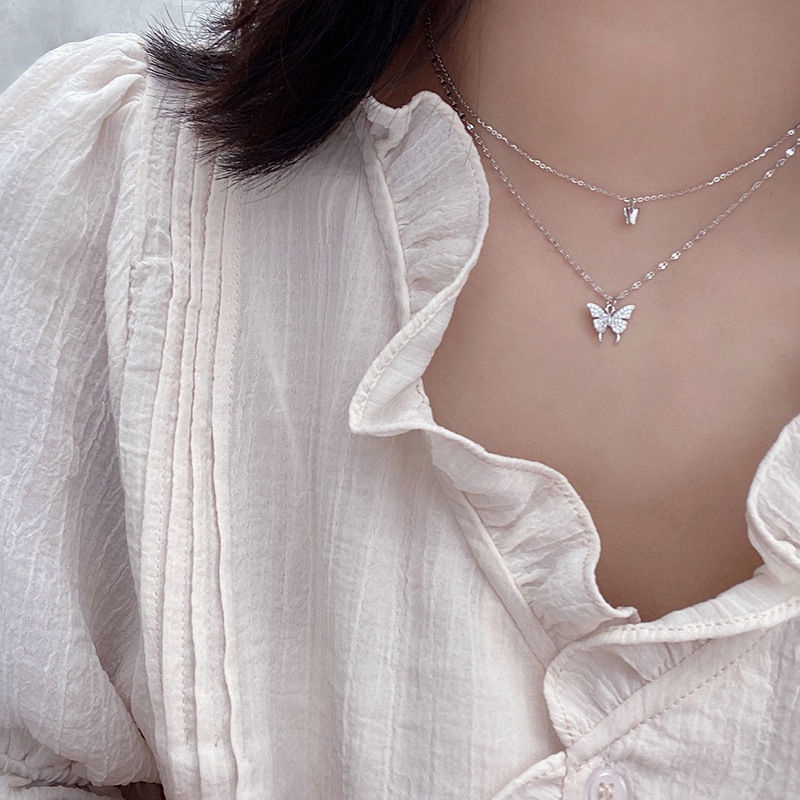 Vòng cổ Hai Lớp Hình Bướm Đính Đá Thời Trang Dành Cho Nữ