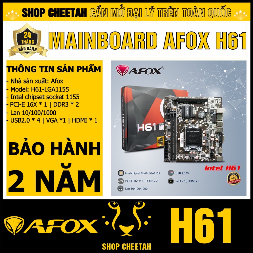 Main Afox H61 ( LGA1155 ) – Chính hãng – Bảo hành 2 năm – Hỗ trợ Chip Intel socket 1155 – Bo mạch chủ máy tính