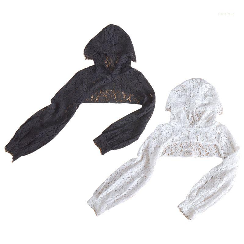 Áo croptop tay dài phối ren hoa có mũ trùm chống nắng tháo rời được trang trí lông mi giả dành cho nữ