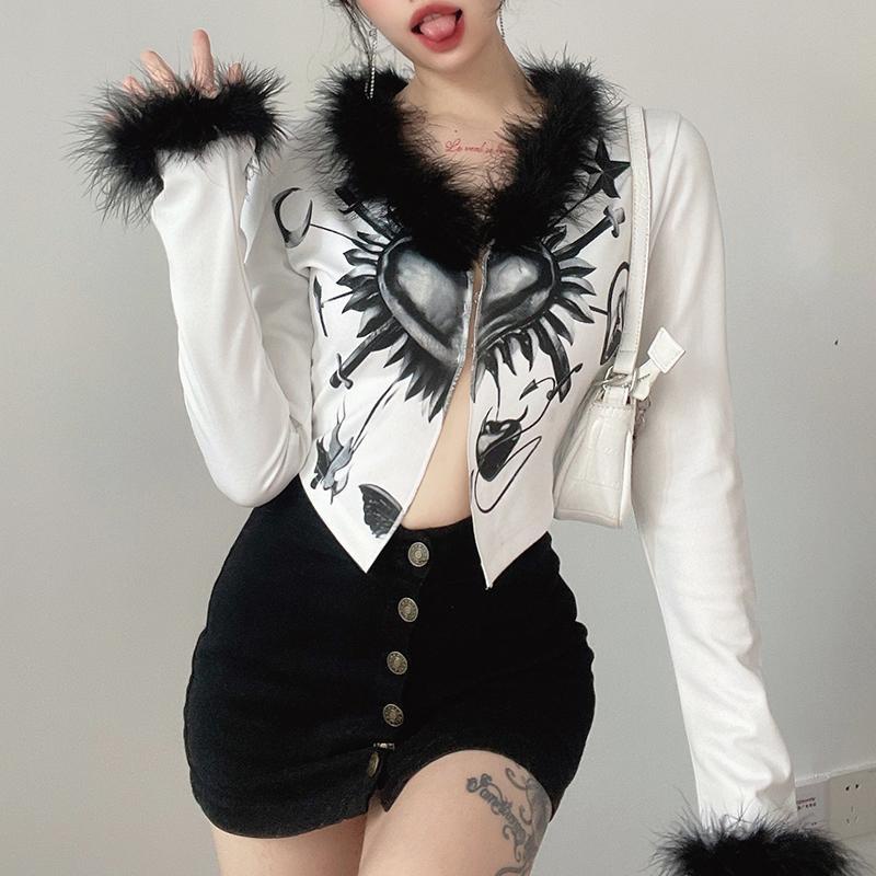Western Style Hot Girl Cardigan Dark Print Coat Plush Decoration Trendy Women's Slim Long-sleeved Short Corp Top Fashion Cool And High-end