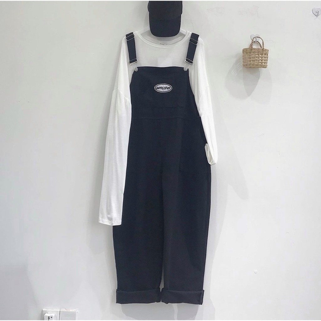 Quần Yếm Ống Rộng Unisex 2 màu Đen/Kem