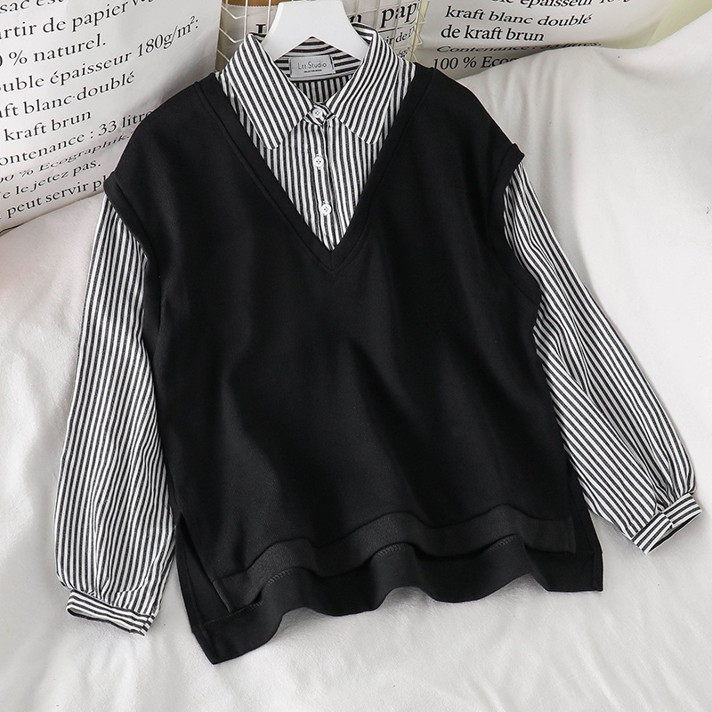 IELGYÁo sweater Tay Dài Dáng Rộng Giả Hai Lớp Phối Họa Tiết Kẻ Sọc Thời Trang Cho Nữ