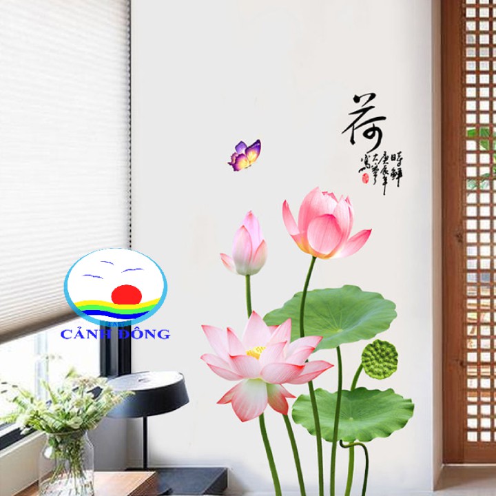 Decal dán tường hoa sen phong thủy màu sắc tươi mới sang trọng