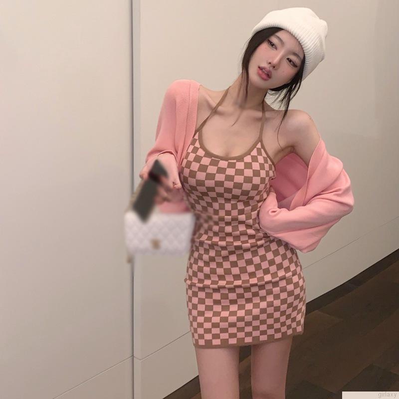 Đầm ngắn ôm dáng không tay in họa tiết caro phong cách Hàn Quốc quyến rũ cho nữ