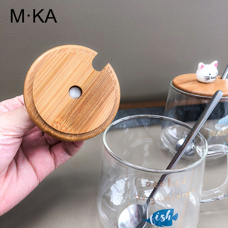 Cốc Thủy Tinh 500ml Có Nắp Đậy Hình Mèo Đáng Yêu
