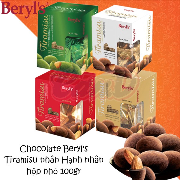 (4 vị) Chocolate Beryl's Tiramisu nhân Hạnh nhân hộp nhỏ 100gr