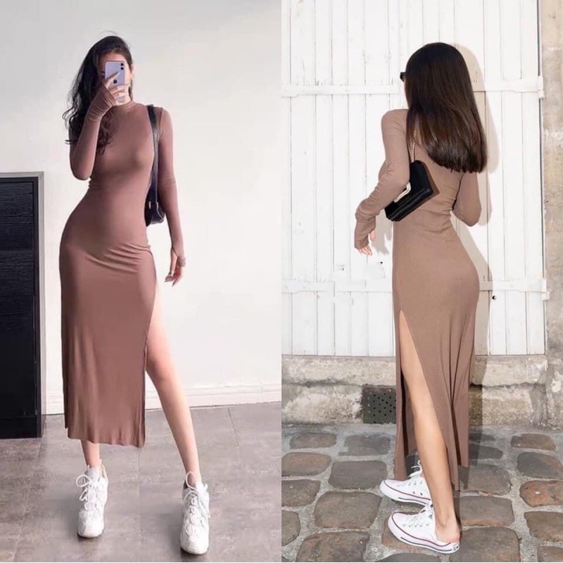 Đầm Body Tay Dài Xẻ Cao Thun Borip