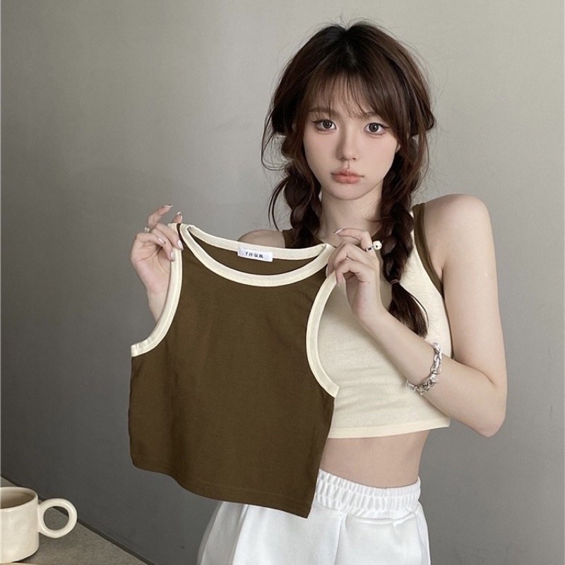 Áo croptop 3 lỗ nữ thun gân tăm viền màu kèm clip và ảnh thật
