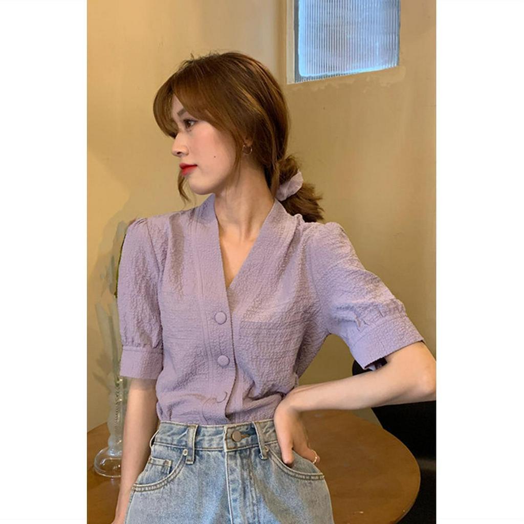 Áo kiểu tay ngắn phồng cổ chữ V phong cách retro thời trang mùa hè xinh xắn dành cho nữ