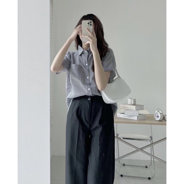 [Ảnh thật/Sẵn]Áo Sơmi kẻ chất xốp XẺ LƯNG cộc tay