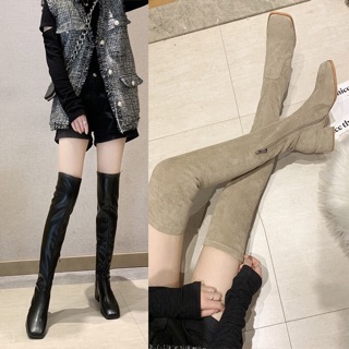 (TIỆM BÉ SURI) Bốt đùi da lì mũi vuông gót 5cm, boots đùi, boot đùi