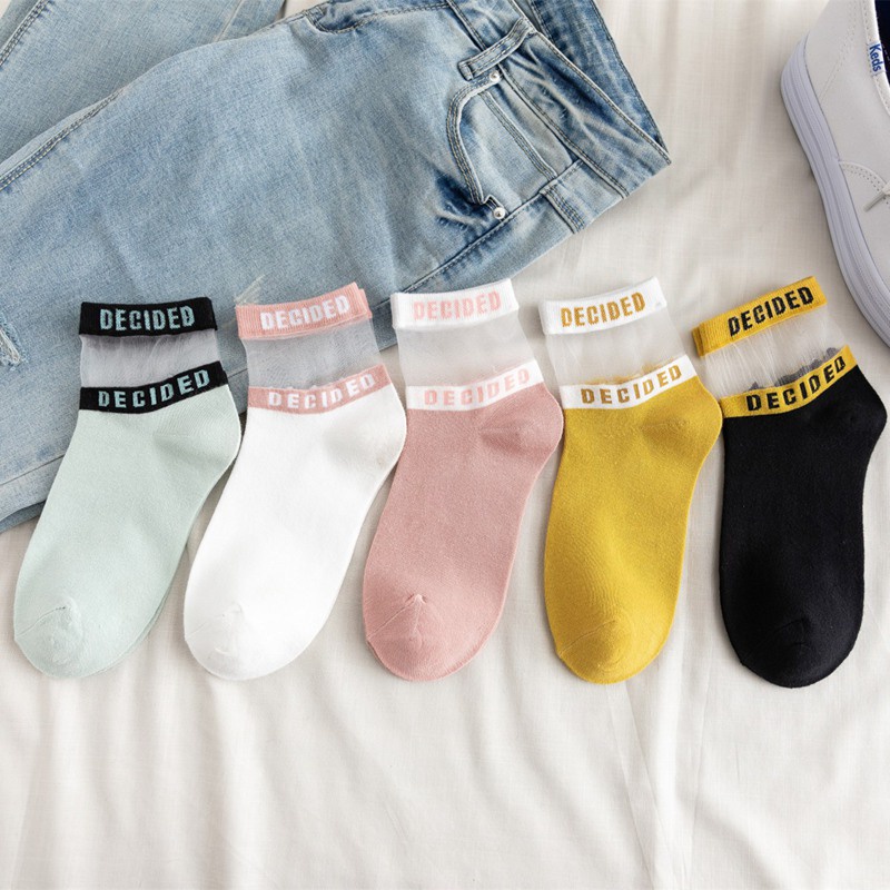 1 Đôi Vớ Cotton Mỏng Xuyên Thấu Họa Tiết Chữ Thời Trang Cho Nữ