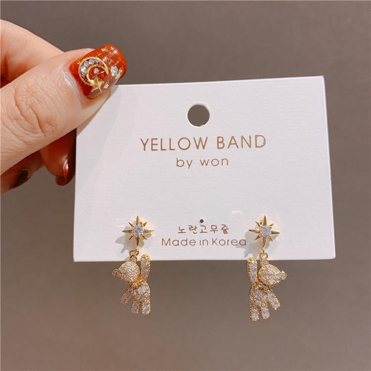 Khuyên Tai Chốt Bạc 925 Hình Gấu Và Ngôi Sao Đính Kim Cương Trắng Dễ Thương Đơn Giản Phong Cách Hàn Quốc Cho Nữ