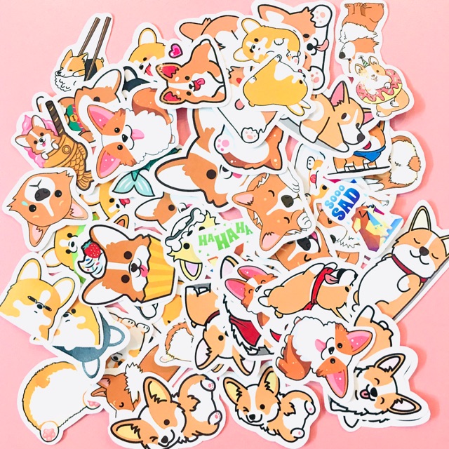 Sét 30-50 Sticker chó corgi lép lụa có đề can bóc dán