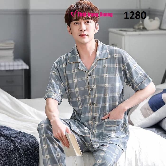 Bộ pyjama nam ngắn tay phối họa tiết nhiều màu vải cotton mềm mại NG1282 - Thời Trang Dương