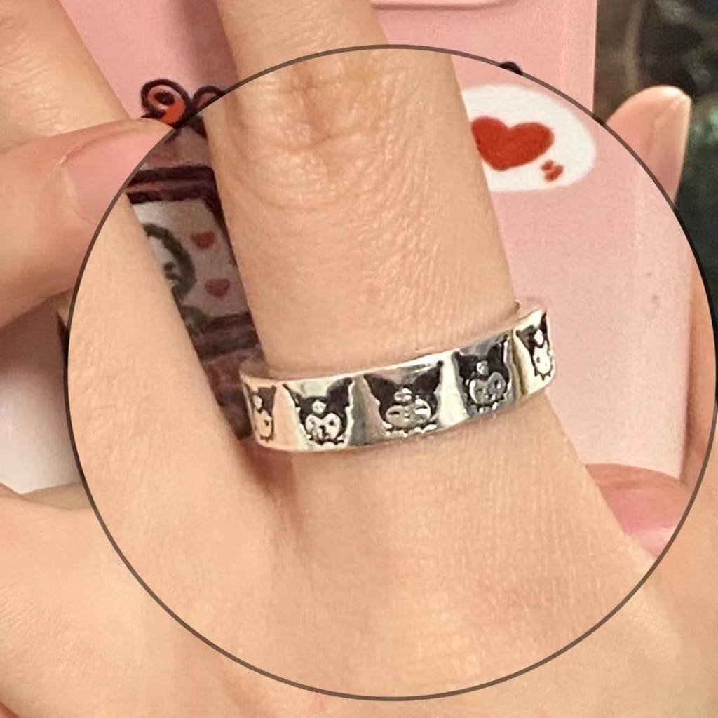 Nhẫn Đồng Trắng Họa Tiết Hoạt Hình Kuromi KT Melody Dễ Điều Chỉnh Cho Cặp Đôi
