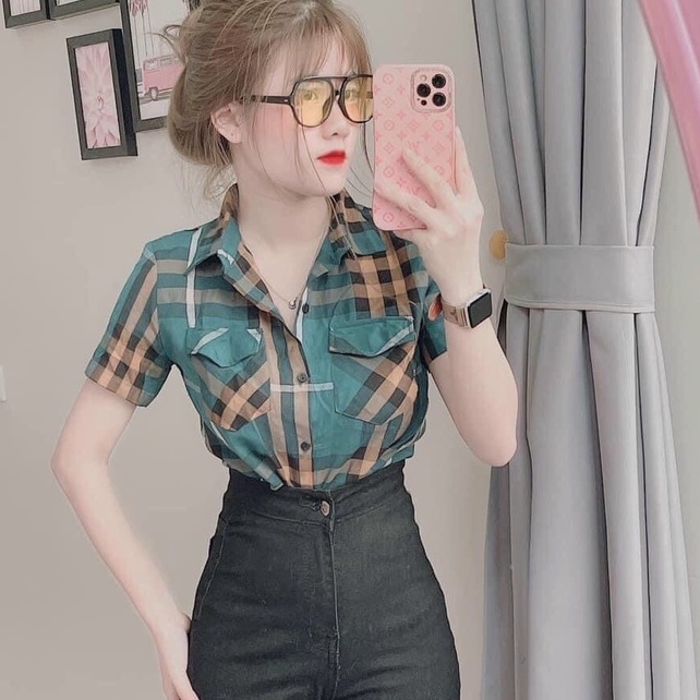 Áo sơ mi nữ carô màu tay ngắn dáng vừa chất liệu cotton onesize dưới 55kg mặc đi học đi làm đi chơi