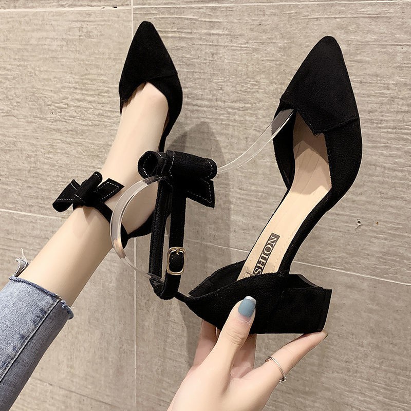 ✕2021 new summer all-match bag with black pointed mid-heel buckle high-heel thick heel sandals women