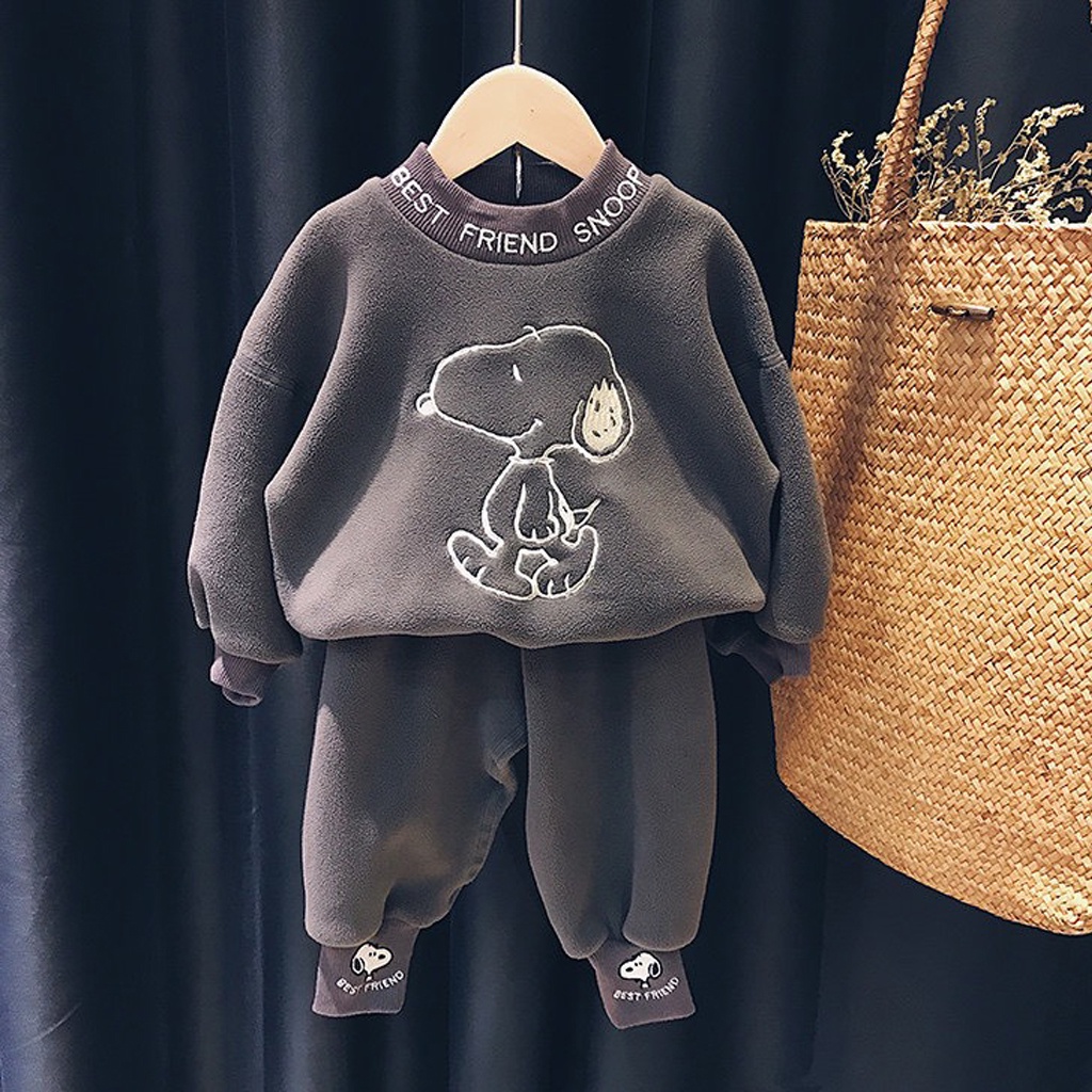 Bộ Nỉ Bông Cho Bé Trai Bé Gái, Bộ Nỉ Bông Thêu Hình Chú Chó Đáng Yêu Cho Bé Từ 7 - 27kg - Lila Kids