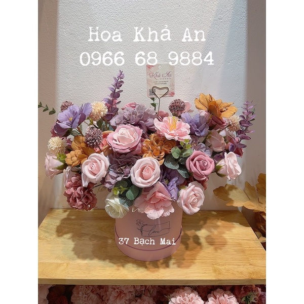 [Lẵng quà] Lẵng hoa lụa mix hoa sáp nhiều loại siêu cao cấp. Tông màu sang trọng. Tặng sinh nhật, khai trương cực đẹp