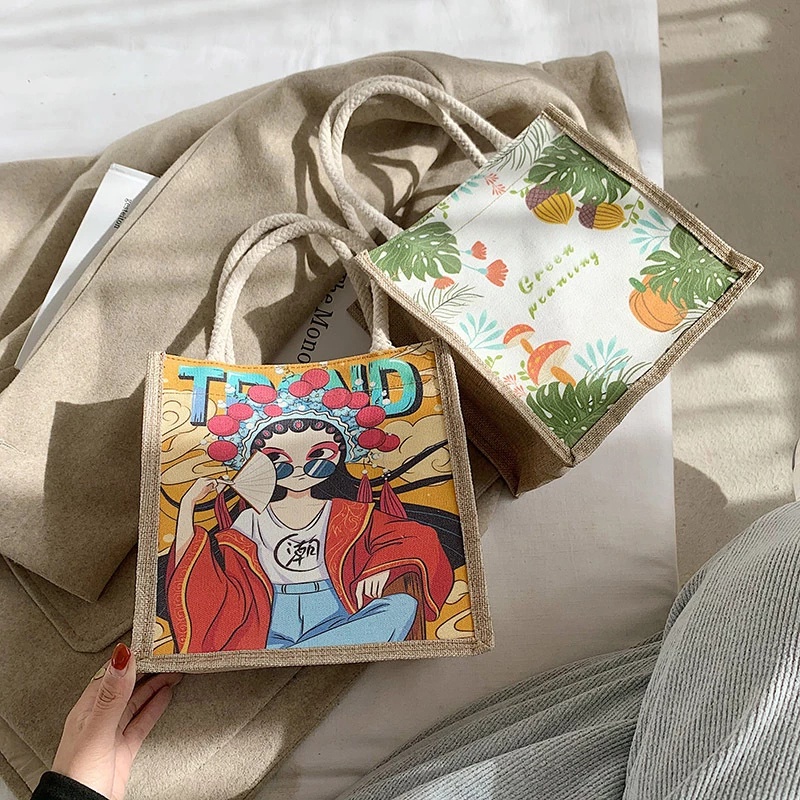 Túi Xách Canvas Mini Dáng Vuông In Họa Tiết Hoạt Hình Phong Cách Hàn Quốc Xinh Xắn