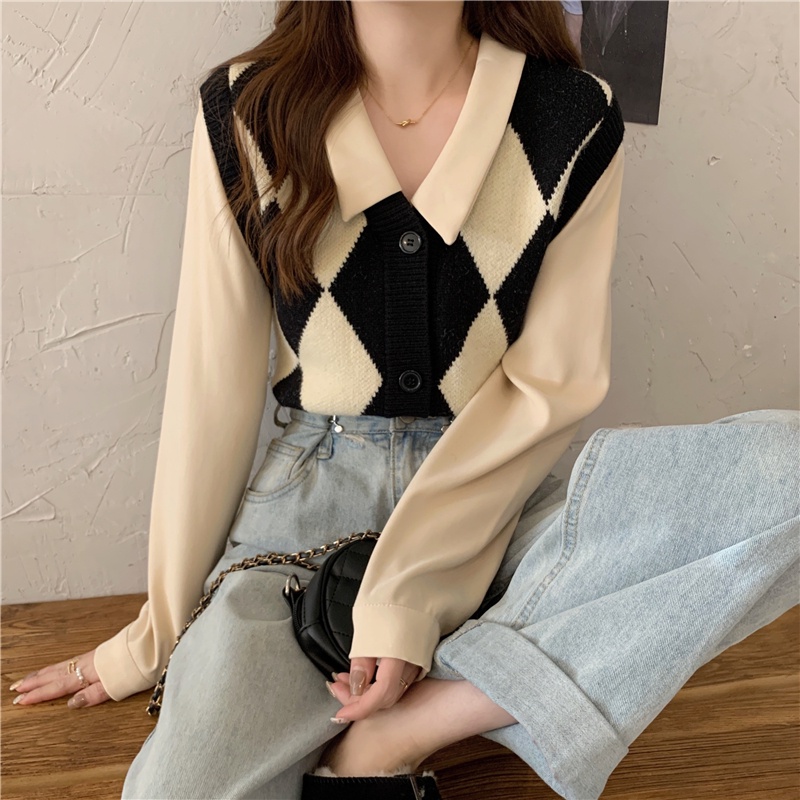 Áo len ZHELIHANGFEI tay dài giả hai lớp cổ polo dáng rộng họa tiết sọc caro dễ phối đồ