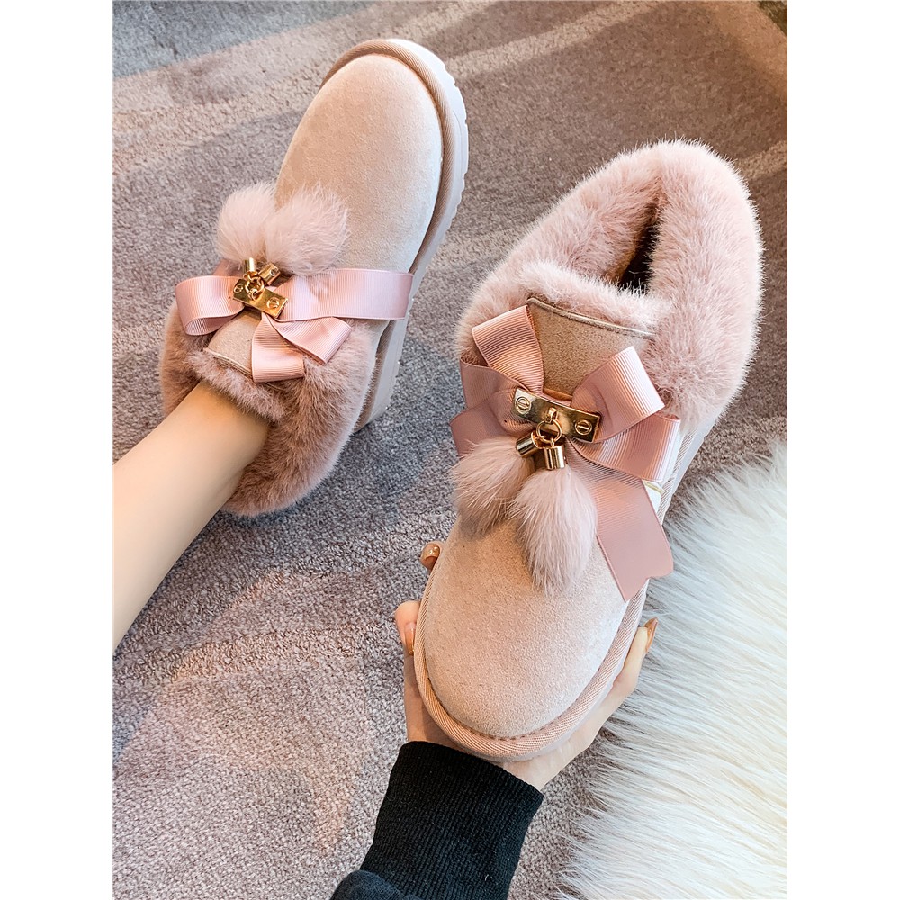 2020 new bow hair ball snow boots women fur one non-slip flat winter short boots plus velvet cotton shoes