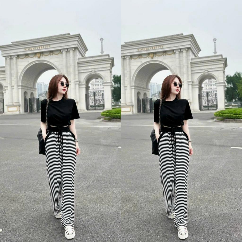Sét bộ đồ nữ áo croptop tay ngắn màu đen sang chảnh mix quần dài thun gân kẻ sọc tôn dáng dễ thương đi chơi